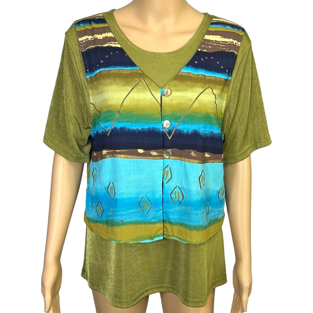 Cascais Of California Womens L Green Blue‎ Short Sleeve Stretch Blouse Shirt